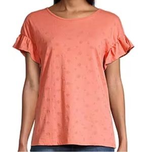 St. John’s Bay Ruffle Sleeves Floral Embroidered Top in Peach